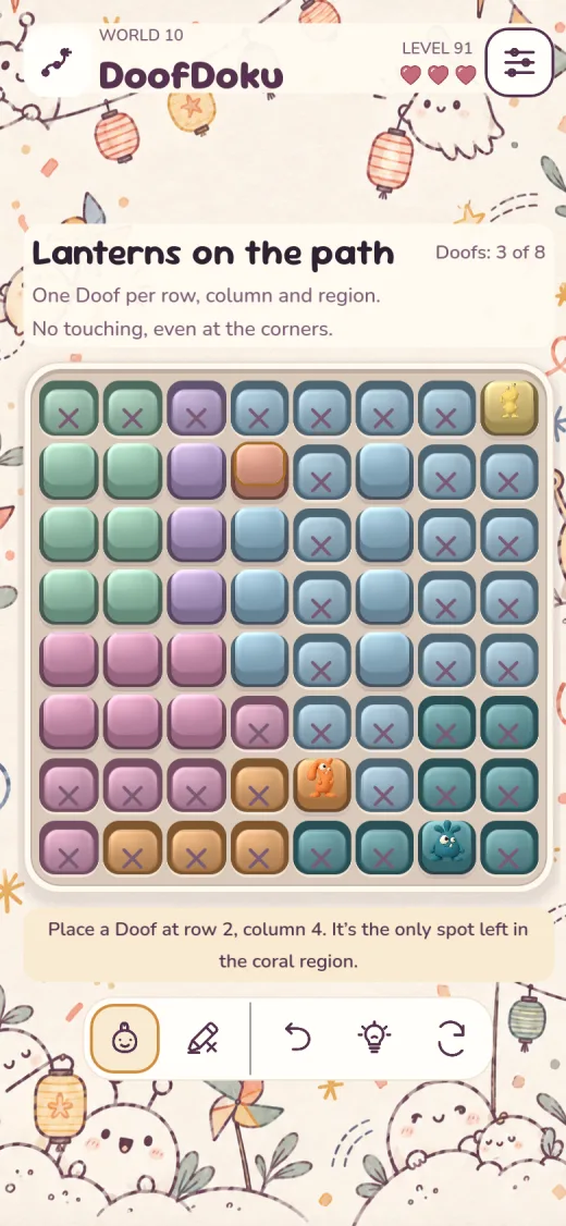 A later eight-by-eight puzzle with three Doofs placed, crossed-out cells, and a hint suggesting the next placement.