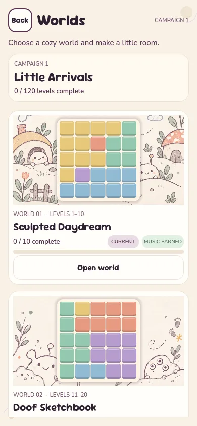 The Worlds screen showing the Little Arrivals campaign and illustrated puzzle worlds.